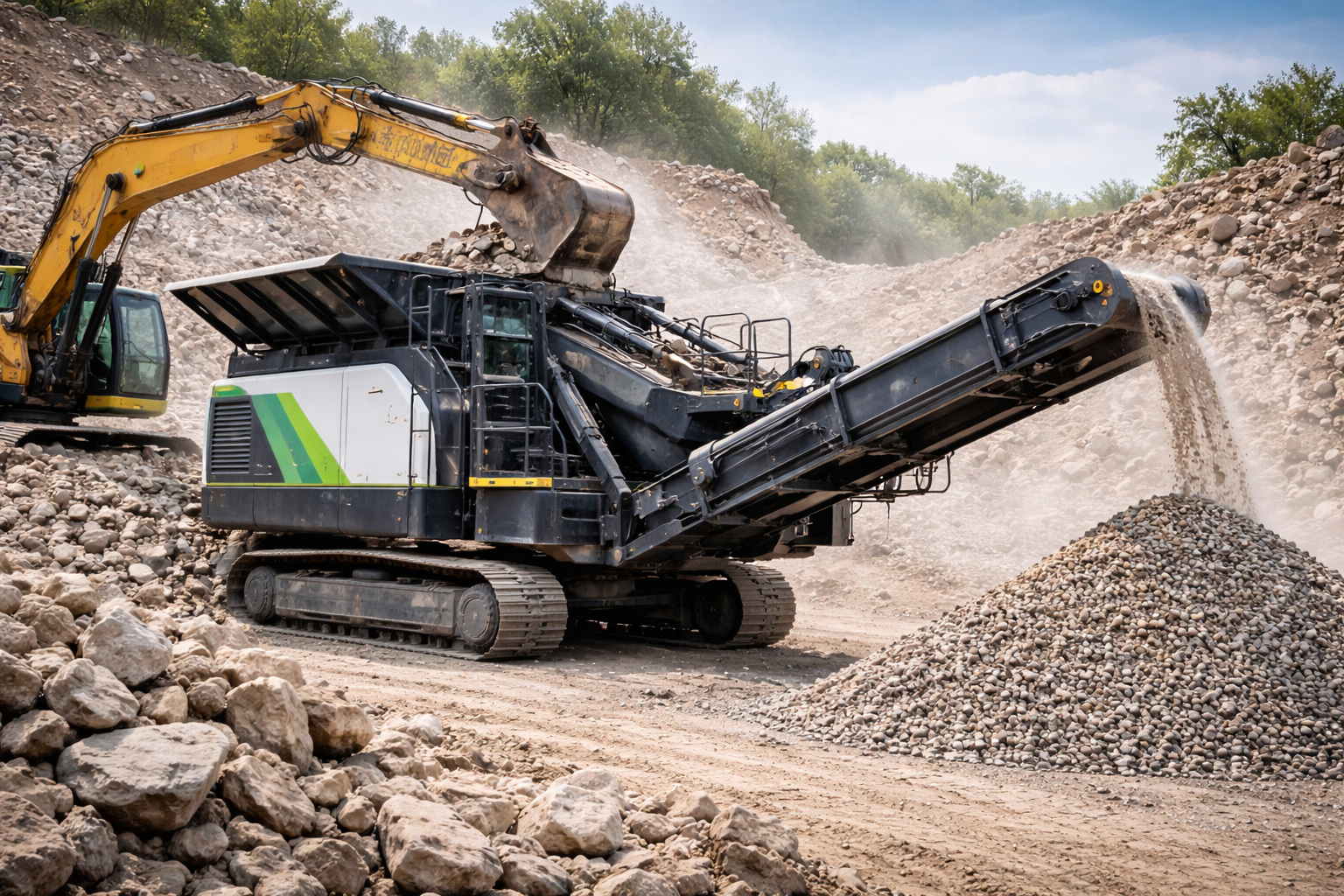 Concasor mobil pe senile in cariera de piatra, in timpul procesarii rocii, cu banda transportoare care descarca balastru si excavator care alimenteaza utilajul in fundal.