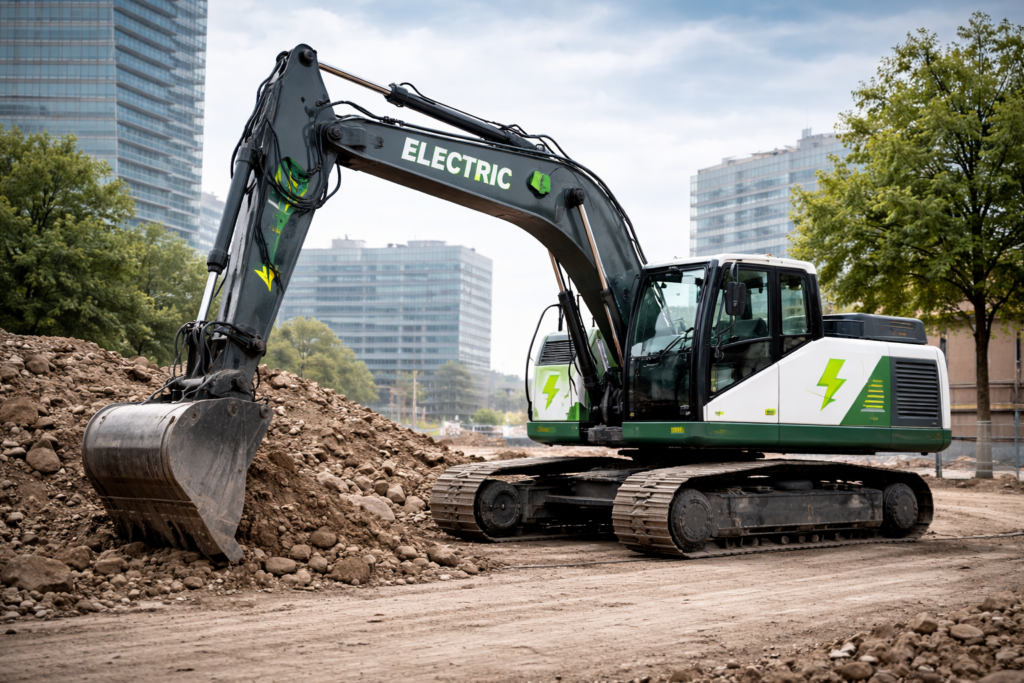 Excavator electric pe santier urban, muta pamant si materiale, motor silentios, utilaj ecologic, operator in cabina, fara statii de incarcare sau elemente suplimentare.