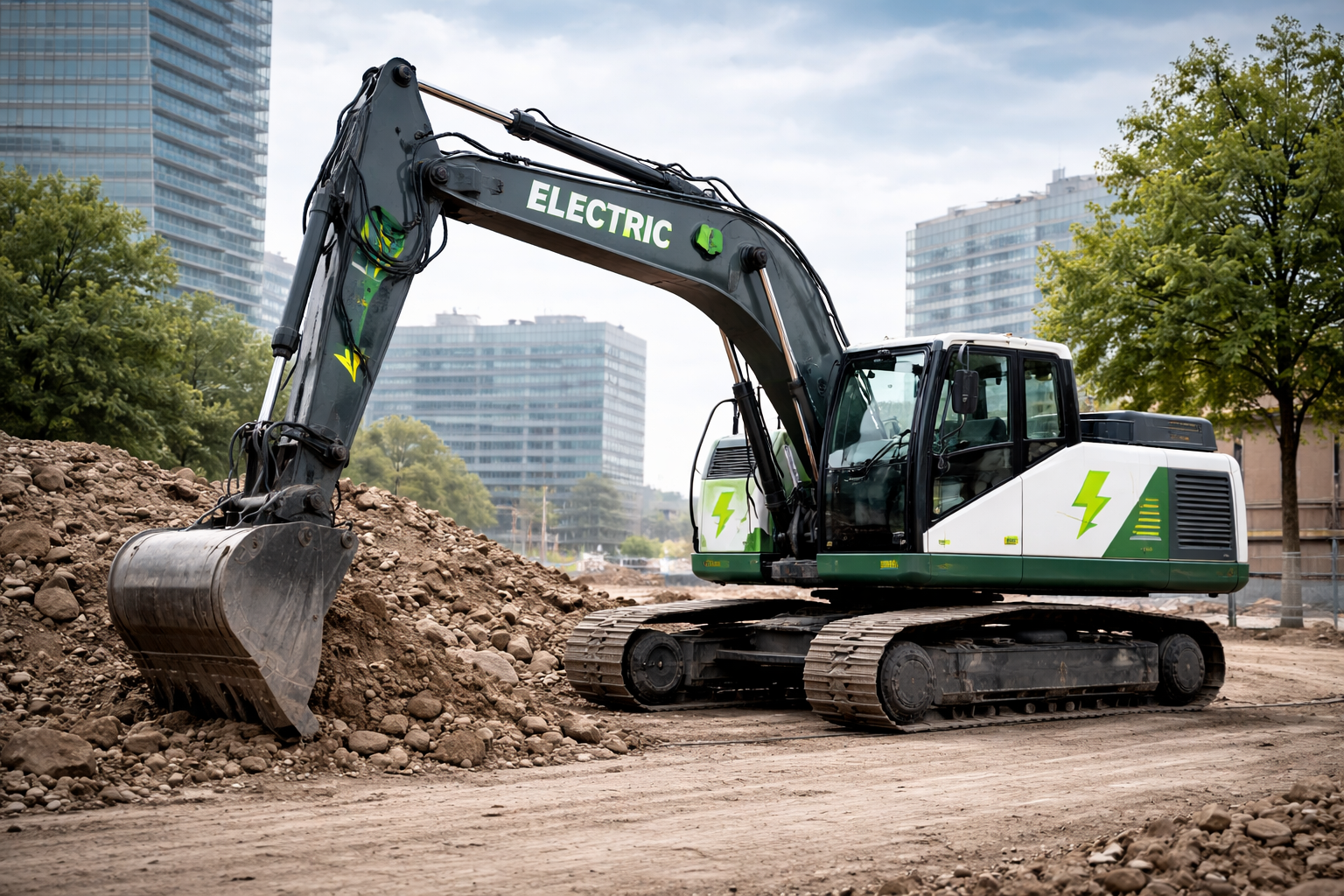 Excavator electric pe santier urban, muta pamant si materiale, motor silentios, utilaj ecologic, operator in cabina, fara statii de incarcare sau elemente suplimentare.
