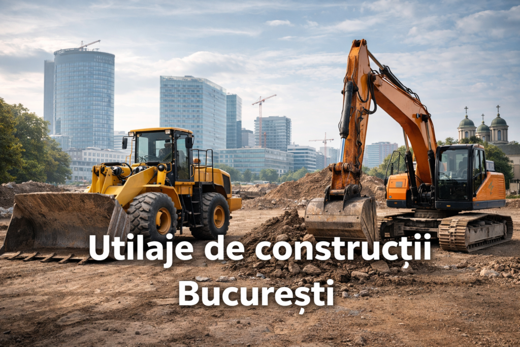 Utilaje de constructii pe un santier din Bucuresti, excavator pe senile si incarcator frontal pozitionate pe teren excavat, cu cladiri moderne si macarale in fundal, imagine realizata la lumina naturala.